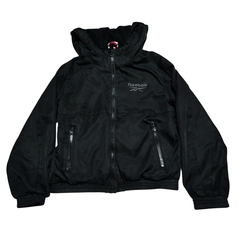 Reebok Kids Black Hooded Rain Jacket Windbreaker Size 5/6 Zip Pockets